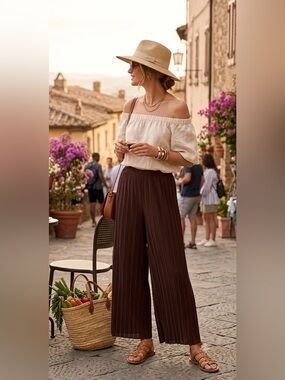 ZARA Brown Pleated Elastic Waist Hi-Rise Wide-Leg Pants Size Large